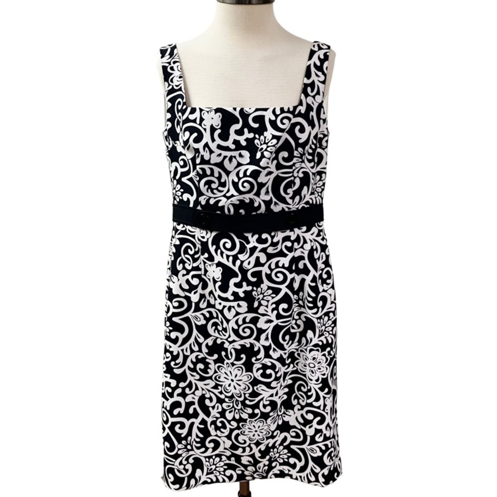 Office Garden Party Wedding LONDON TIMES Floral Dress SZ 12 Black White Stretch